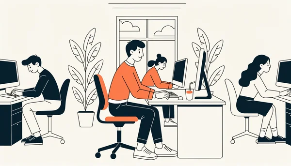 Un employé de bureau réalise discrètement des contractions musculaires assis à son poste, sans attirer l'attention de ses collègues.