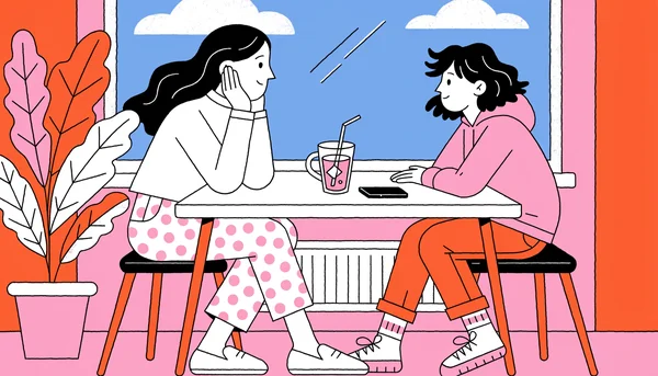 Illustration éditoriale d'un parent et d'un adolescent assis côte à côte à la table de la cuisine, en train de dialoguer calmement dans une atmosphère d'écoute et de confiance à la maison.
