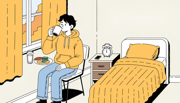Matinée lumineuse dans une chambre étudiante : la personne boit un café près d’une fenêtre ouverte, le lit est fait, le téléphone repose face contre la table de nuit et l’horloge indique environ 7 h – un rituel gratuit pour stabiliser l’horloge biologique.