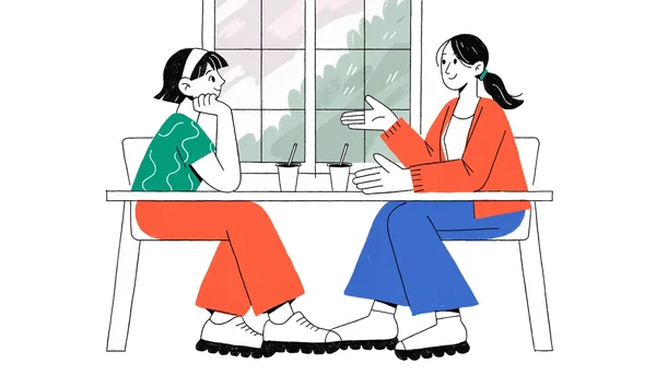 Illustration éditoriale d'une enseignante échangeant calmement avec un élève adolescent dans une salle de classe lumineuse, représentant une séance obligatoire du programme EVARS de la maternelle au lycée.