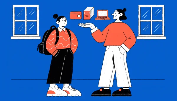 Illustration éditoriale plate dans un bureau lumineux : une jeune stagiaire avec sac à dos reçoit d’une responsable RH des avantages alternatifs symbolisés par une carte de transport, des tickets-restaurant et un ordinateur portable, illustrant les leviers possibles quand la gratification ne peut pas augmenter, vue en plan moyen de trois quarts.