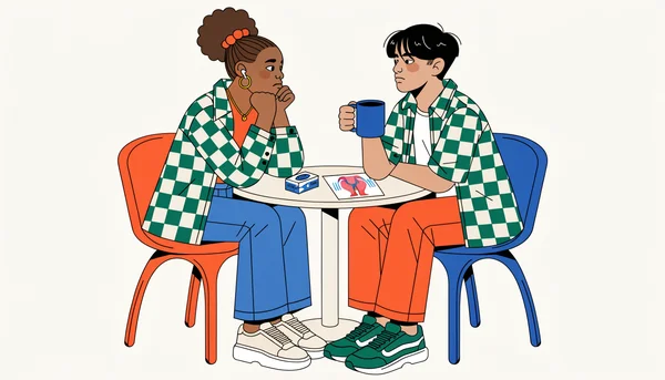 Illustration éditoriale de deux lycéens discutant de prévention et de santé sexuelle autour d'une table avec du matériel pédagogique, évoquant les enjeux de protection contre les IST abordés par le programme EVARS.