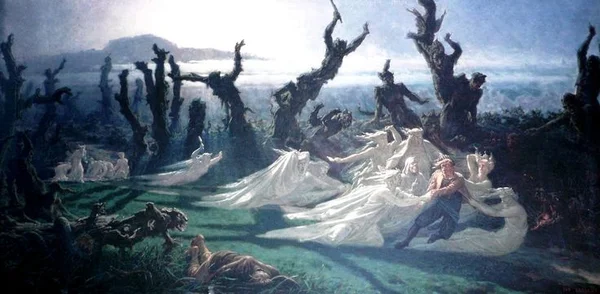 Peinture de Jean Édouard Yan Dargent (1861) intitulée Les Lavandières de la Nuit, scène nocturne et fantastique de silhouettes fantomatiques lavant du linge au clair de lune