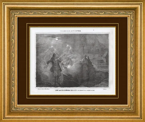 Lithographie de 1835 intitulée Les Lavandières de Nuit - Kannerez-noz, illustrant des lavandières spectrales au bord de l'eau selon la mythologie celtique du Finistère en Bretagne