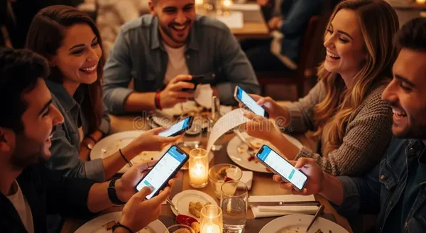 Groupe d'amis souriants au restaurant divisant l'addition ensemble en utilisant leurs smartphones pour le paiement mobile, autour d'une table avec repas et facture