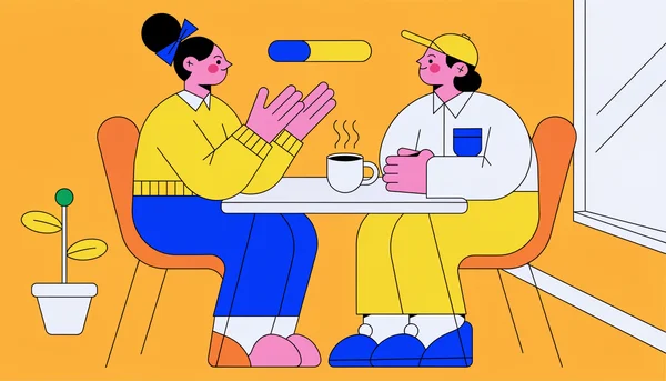 Illustration éditoriale plate d’un entretien de stage : une jeune candidate et un recruteur assis face à face à une petite table de bureau, une barre de fourchette stylisée entre eux évoque une négociation souple de la gratification, dans un bureau lumineux à l’ambiance collaborative et rassurante, vue à hauteur des yeux.