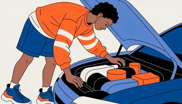 Illustration d'une personne vérifiant l'état interne du moteur d'une voiture en soulevant le capot lors d'un contrôle technique personnel pour une voiture d'occasion.