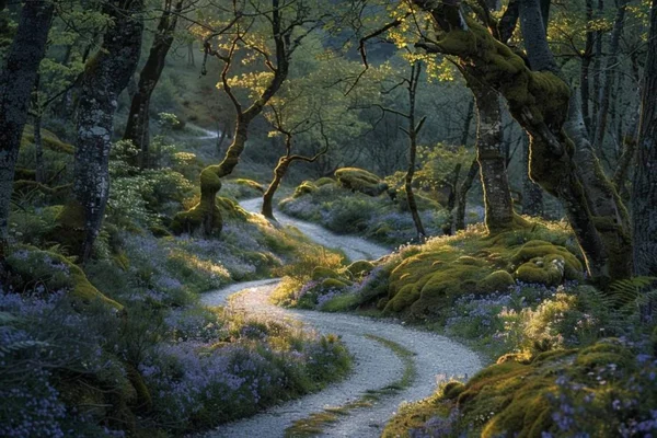 Illustration numérique d'un chemin sinueux dans une forêt mystérieuse des Cévennes, avec des lueurs dorées et une végétation violette et verte.