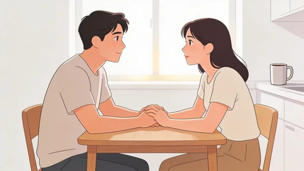 Illustration éditoriale plate d’un couple assis face à face à une petite table de cuisine, se tenant les mains et se parlant avec écoute et douceur, illustrant une communication bienveillante sans reproche pour préserver le lien.