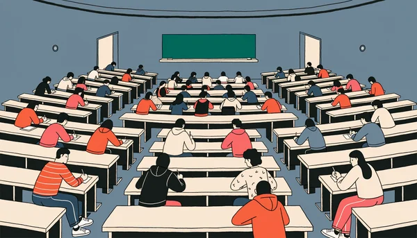 Amphithéâtre de classe prépa avec de nombreuses places vides Parsemées, un groupe concentré d'étudiants assis au premier rang prend des notes tandis que les rangées arrière restent en partie désertes, illustrant la stabilisation fragile des effectifs.