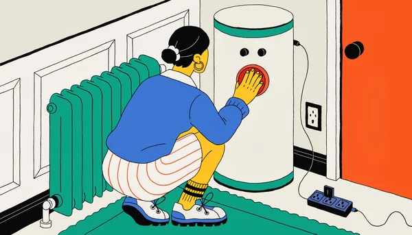Illustration d'une personne réglant le ballon d'eau chaude et éteignant une multiprise pour supprimer les veilles, deux gestes discrets du quotidien pour réduire la consommation hors chauffage.