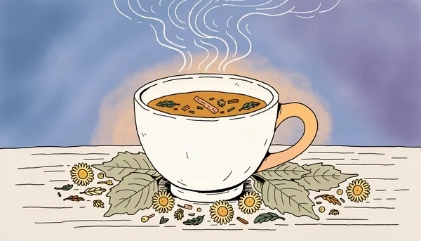 Illustration flat d'une tasse fumante de tisane posée sur une table en bois avec des fleurs de camomille et des feuilles de tilleul séchées disposées autour, sur un fond doux bleu-violet évoquant le soir.
