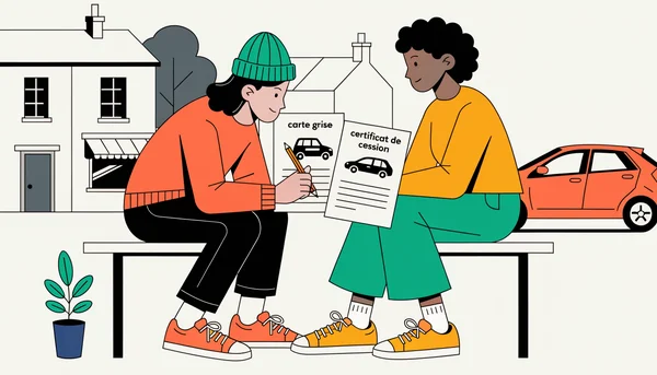 Illustration montrant un acheteur et un vendeur en train d'examiner des documents, dont une carte grise barrée, lors d'une transaction de voiture d'occasion entre particuliers à l'extérieur.