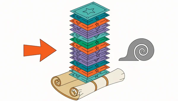 Illustration montrant un empilement vertical de petites badges de compétences colorées formant une tour au-dessus d'un diplôme traditionnel en bas, avec un symbole d'escargot gris à droite et une flèche rapide orange à gauche, illustrant le contraste entre la lenteur administrative et la rapidité des micro-certifications.