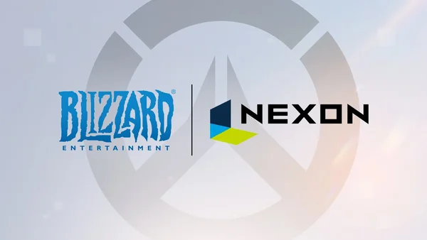Logos de Blizzard Entertainment et Nexon côte à côte séparés par une ligne verticale, avec le logo estompé d'Overwatch en arrière-plan, illustrant leur partenariat sans jeu StarCraft.