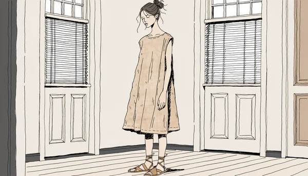 Illustration éditoriale d'une femme debout dans un intérieur minimaliste lumineux, portant une robe trapèze en lin lavé beige sable à la texture légèrement froissée et coupe épurée mi-mollet, avec de simples sandales plates en cuir, vue de trois quarts face.