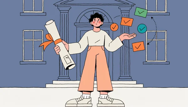 Illustration éditoriale montrant un étudiant tenant un diplôme roulé d'une main tandis que plusieurs petites badges numériques colorées flottent autour de son autre main, avec la façade simplifiée d'une université française en arrière-plan, symbolisant la tension entre formation traditionnelle et micro-certifications.