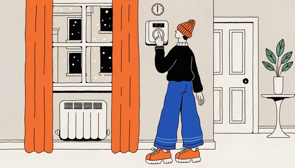 Illustration éditoriale d'une personne qui règle le thermostat du chauffage dans un salon, avec un radiateur dégagé et des rideaux épais fermés pour garder la chaleur.