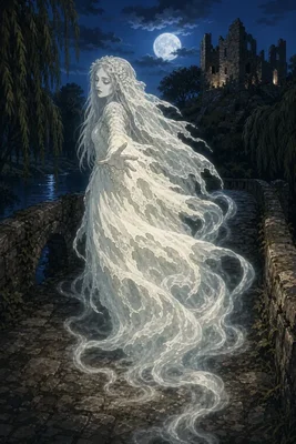 Illustration de la Dame Blanche, fantôme légendaire des ponts de Normandie, en robe blanche fluide debout sur un pont de pierre la nuit, la main droite tendue, aux longs cheveux blancs ornés de fleurs, devant une rivière sombre, des saules, un château en ruine et la pleine lune