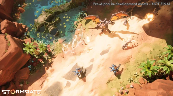 Capture d'écran de gameplay pré-alpha de Stormgate, montrant un combat entre une unité démon ailée et des unités bleues dans un décor de canyon.