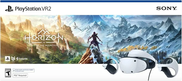 Bundle promotionnel PlayStation VR2 Horizon Call of the Mountain présentant le casque VR et ses deux manettes Sense au premier plan, avec en arrière-plan un vaste paysage montagneux et un personnage du jeu