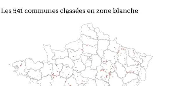 Carte du département du Nord montrant 541 communes en zones blanches, indiquées par des points rouges, avec le titre 'Zones blanches : 541 communes toujours privées de réseau mobile'.