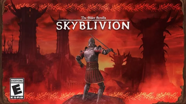 Affiche promotionnelle du mod communautaire Skyblivion, avec un chevalier en armure se tenant devant un paysage rouge et enflammé, affichant le titre du jeu et un classement ESRB.