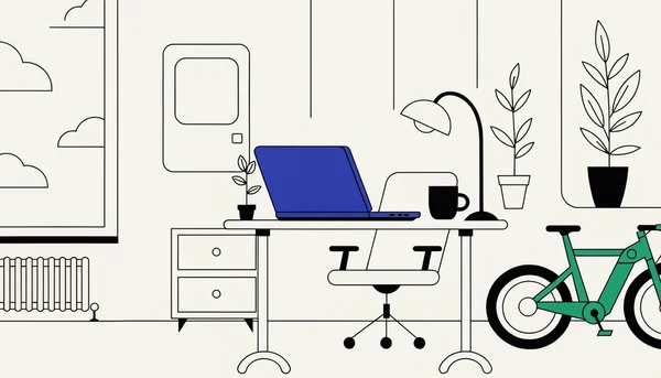 Illustration montrant un ordinateur portable professionnel et un vélo électrique dans un intérieur, symbolisant les biens exclus du contrat MRH standard.