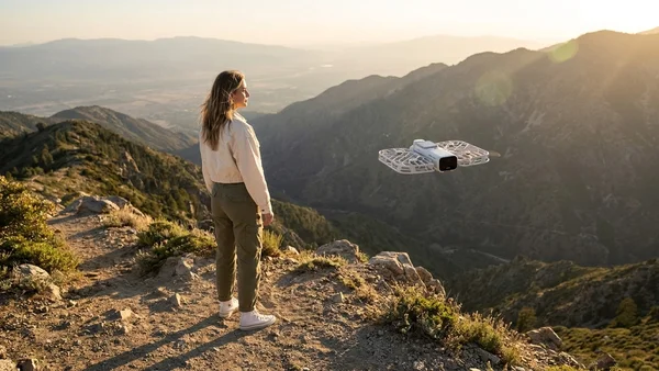 Une femme se tient sur une crête rocheuse en montagne, regardant la vallée, avec un petit drone blanc HoverAir Versa volant dans les airs à sa droite.