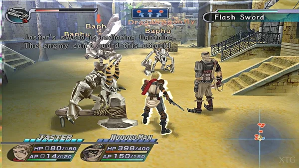 Gameplay de Rogue Galaxy PS2 avec Jaster et un Homme encapuchonné combattant des ennemis Baphu, affichant des barres de vie et des statistiques de combat.