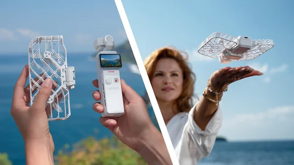Image composite montrant à gauche une personne tenant un petit drone blanc et une manette, et à droite une femme avec le drone volant au-dessus de sa main.