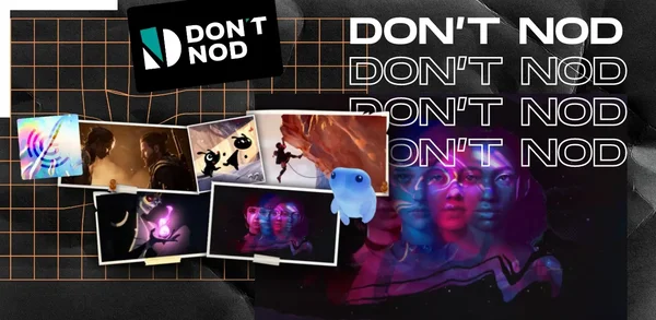 Composition graphique promotionnelle pour Don't Nod avec le logo de l'entreprise, des textes répétés et une mosaïque de captures d'écran issues de divers jeux.