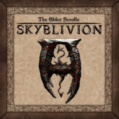 Logo stylisé d'un dragon sur un fond parchemin, utilisé pour la promotion du projet communautaire The Elder Scrolls: Skyblivion.