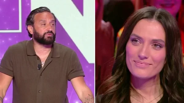 Cyril Hanouna, homme barbu en chemise marron, et Shana Loustau aux longs cheveux sombres en écran partagé lors d'une séquence coquine de TBT9