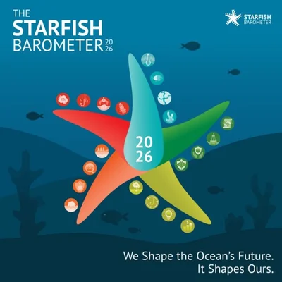 Affiche promotionnelle du Baromètre Starfish 2026 montrant une étoile de mer stylisée multicolore avec des icônes sur ses bras, sur fond sous-marin bleu, avec la citation 'We Shape the Ocean's Future. It Shapes Ours.'