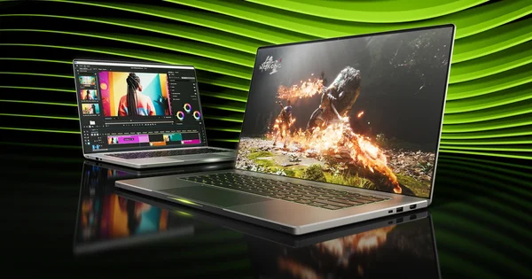 Deux ordinateurs portables gaming NVIDIA GeForce RTX série 50, l'un affichant un logiciel de montage vidéo et l'autre une scène du jeu Black Myth: Wukong, sur un fond vert stylisé