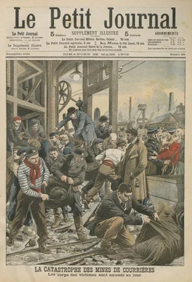 Illustration historique du journal Le Petit Journal montrant les secours après la catastrophe minière de Courrières en mars 1906, avec des ouvriers portant des victimes dans un paysage dévasté.