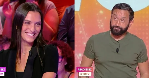 Cyril Hanouna, barbu en t-shirt vert, et Shana Loustau, aux longs cheveux sombres, souriante, en écran partagé lors de la diffusion de TBT9 où ils officialisent leur couple