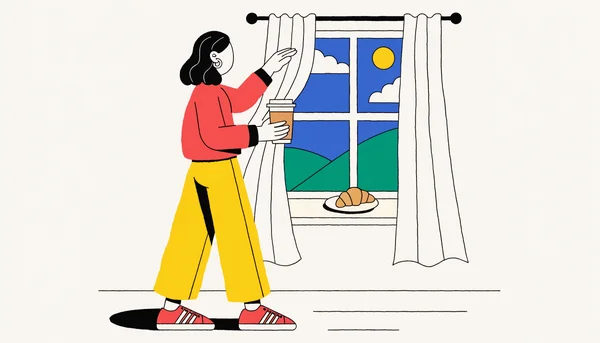 Un jeune adulte debout près d'une fenêtre, tirant les rideaux pour laisser entrer la lumière du soleil du matin dans la pièce.