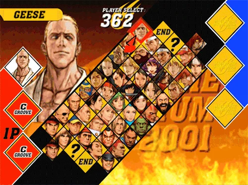 Écran de sélection des personnages de Capcom vs. SNK 2: Mark of the Millennium 2001 avec une grille de portraits et un grand portrait de Geese Howard.