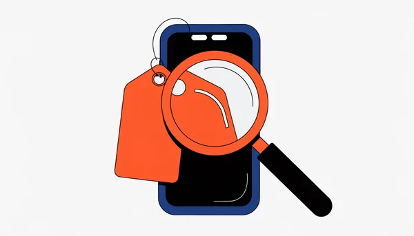 Un smartphone avec une loupe au-dessus d'une étiquette de prix, illustrant l'examen minutieux des frais pour bien choisir un forfait mobile.