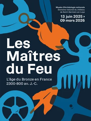 Affiche promotionnelle de l'exposition immersive 'Les Maîtres du Feu' au Musée d'Archéologie nationale, avec des illustrations stylisées d'artefacts de l'âge du bronze en couleurs vives.