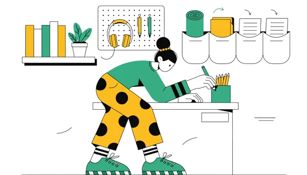 Illustration en vue latérale montrant l'utilisation de l'espace vertical au-dessus d'un bureau compact. Une personne organise le bureau, tandis que des étagères murales, un tableau perforé avec des rangements et un organisateur flottant permettent de stocker livres, fournitures et documents sans encombrer la surface de travail.