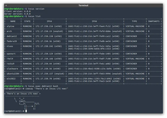 Capture d'écran d'un terminal exécutant la commande 'incus list' pour afficher des VMs et conteneurs, puis une commande 'cowsay' dans un conteneur Debian.