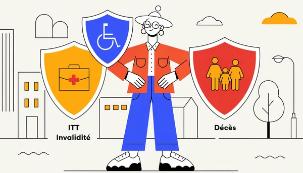 Illustration de couverture pour un guide sur le choix d'un contrat de prévoyance. Un jeune professionnel est entouré de trois boucliers symbolisant les garanties essentielles : ITT, invalidité et décès.