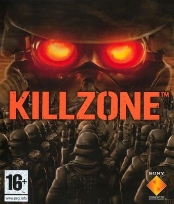 Art de couverture du jeu Killzone présentant un soldat aux lunettes à verres rouges brillants au-dessus d'une armée de troupes, avec les logos PEGI et Sony.