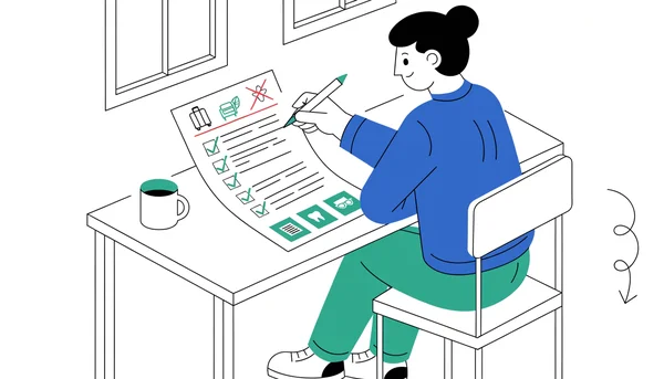 Illustration éditoriale en style plat : une jeune adulte assise à un bureau examine un contrat de mutuelle santé. Sur le document figurent quatre vignettes vertes pour les remboursements essentiels du panier de soins — ticket modérateur, hospitalisation, dentaire et optique — tandis qu’une rangée d’options superflues du contrat est barrée d’un trait rouge et une flèche s’incline vers le bas pour montrer la cotisation qui diminue.