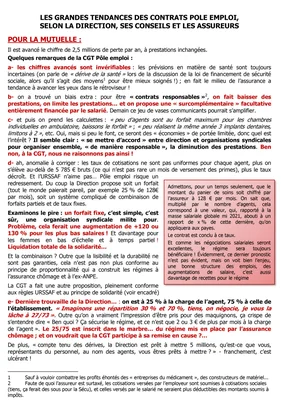 Capture d'écran d'un document de la Fédération des Organismes Sociaux CGT intitulé « Les grandes tendances des contrats Pôle Emploi » avec des analyses et des puces sur les contrats de mutuelle et prévoyance.
