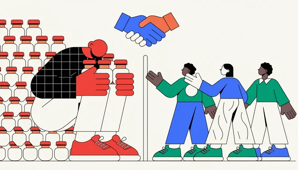Illustration montrant une barrière transparente séparant une grande figure stylisée entourée de nombreux flacons de vaccin à gauche, de trois plus petites figures tendant les mains vides à droite, avec une icône de poignée de main brisée au-dessus de la barrière, symbolisant l'inéquitable distribution des vaccins et les engagements non tenus lors de la pandémie.
