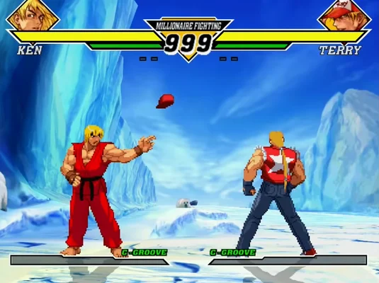 Capture d'écran de gameplay de Capcom vs. SNK 2 montrant les personnages Ken et Terry Bogard se faisant face sur une scène glacée, avec barres de vie et éléments d'interface de combat visibles.